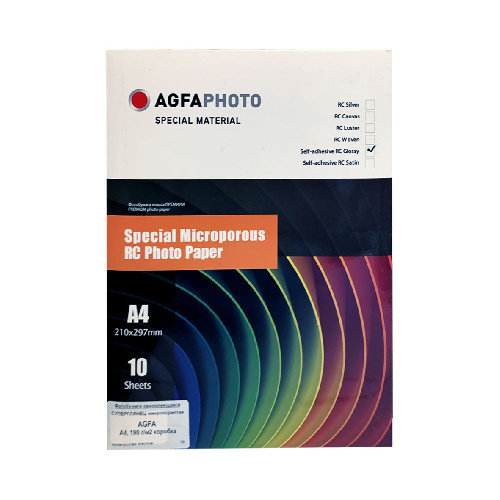 Фотобумага самоклеящаяся, микропористая СУПЕРГЛЯНЕЦ A4, 190 г/м2, 10л, коробка AGFA