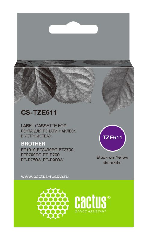Картридж ленточный Cactus CS-TZE611 TZe-611 черный на желтом 6x8 для Brother 1010/1280/1280VP/2700VP