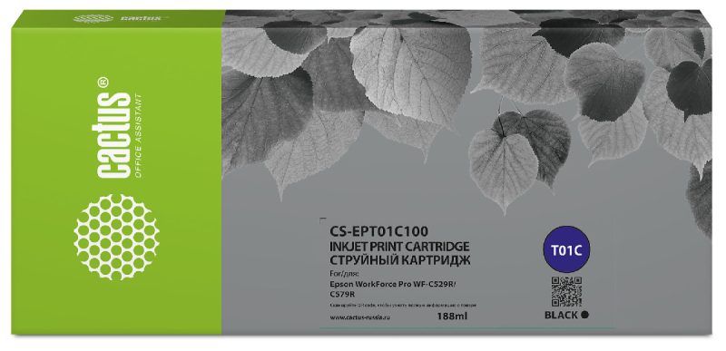 Картридж струйный Cactus CS-EPT01C100 T01C1 черный пигментный (188мл)