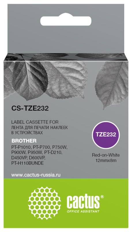 Картридж ленточный Cactus CS-TZE232 TZe-232 красный на белом 12x8