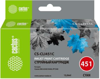Картридж струйный Cactus CS-CLI451C голубой (12мл) для Canon MG6340/5440/IP7240 с чипом