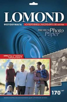 Фотобумага суперглянец односторонняя A4, 170 г/м, 20л. (1101101) (Lomond)