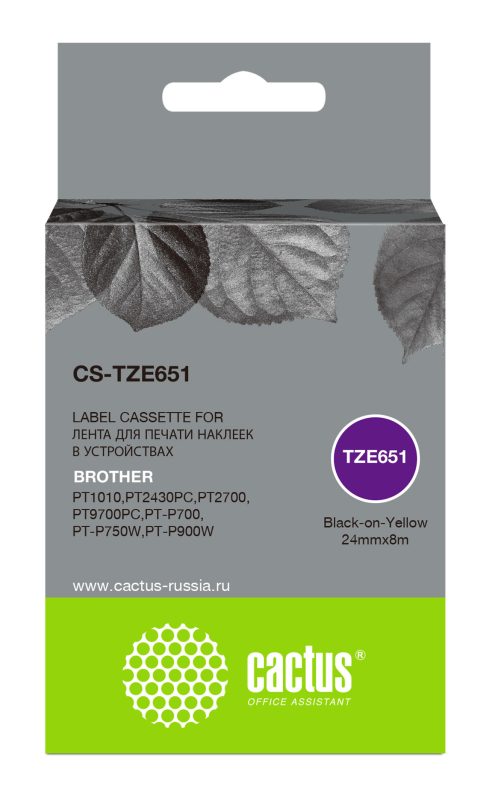 Картридж ленточный Cactus CS-TZE651 TZe-651 черный на желтом 24x8