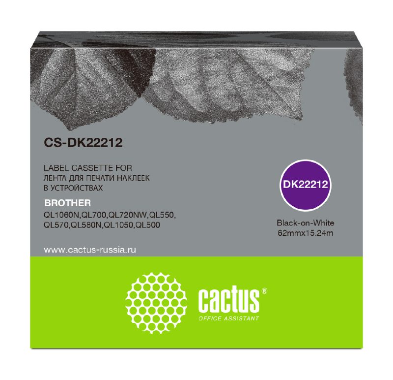 Картридж ленточный Cactus CS-DK22212 DK-22212 черный на белом 62x15.24