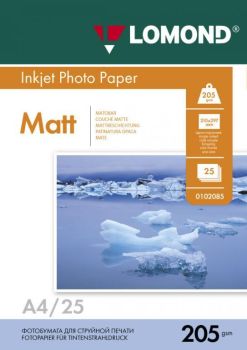 Фотобумага матовая односторонняя A4, 205 г/м, 25 л. (0102124) (Lomond)