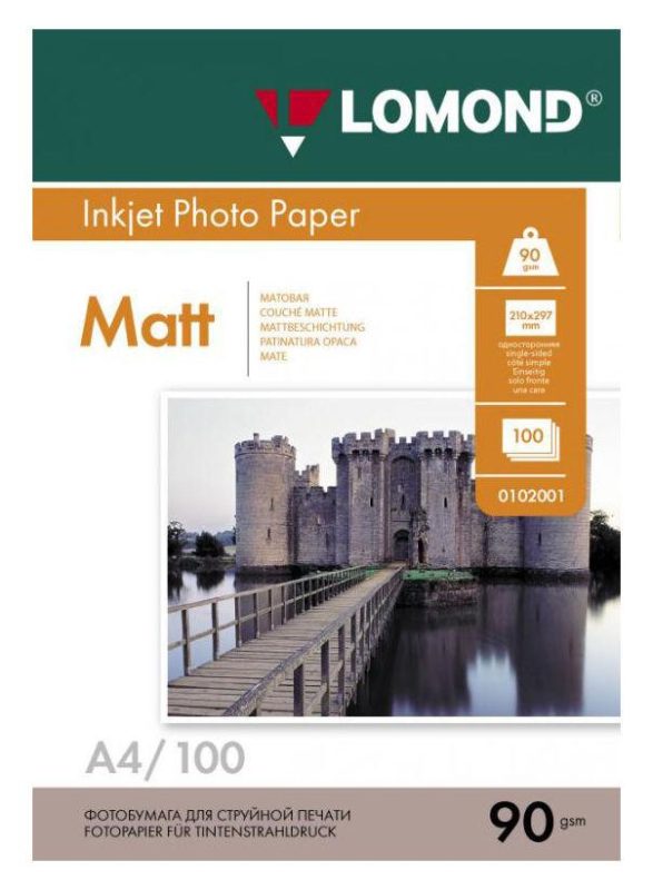 Фотобумага матовая односторонняя A4, 90 г/м, 100 л. (0102001) (Lomond)